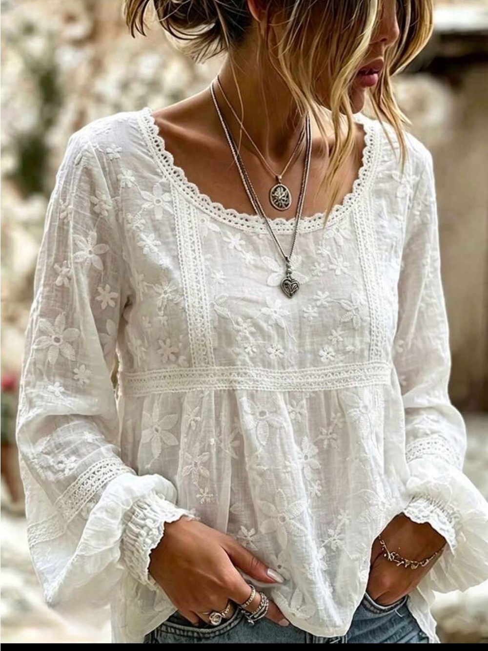 Boho White Embroidered Sheer Peasant Blouse Tops Shirt